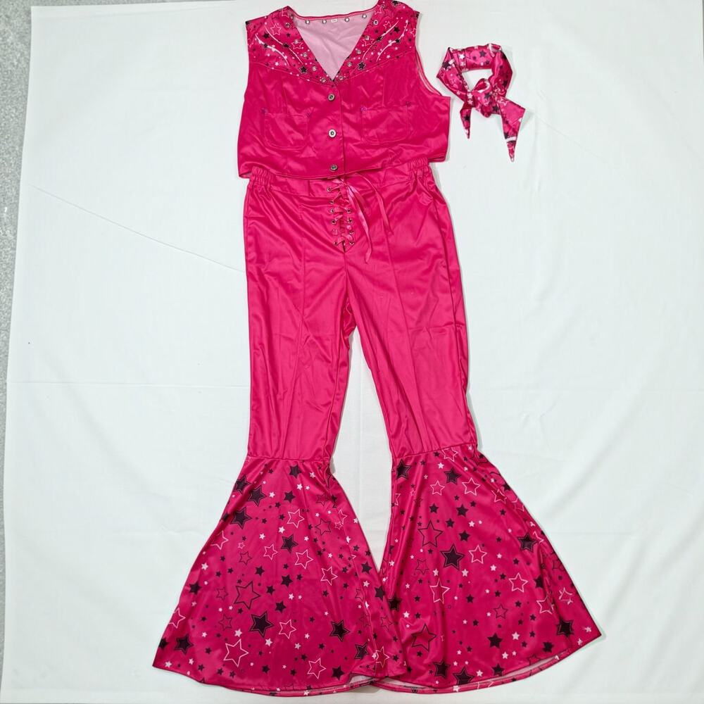 Women’s 2XL Pink Bell Bottom Star Print Costume – 3‑Piece Outfit